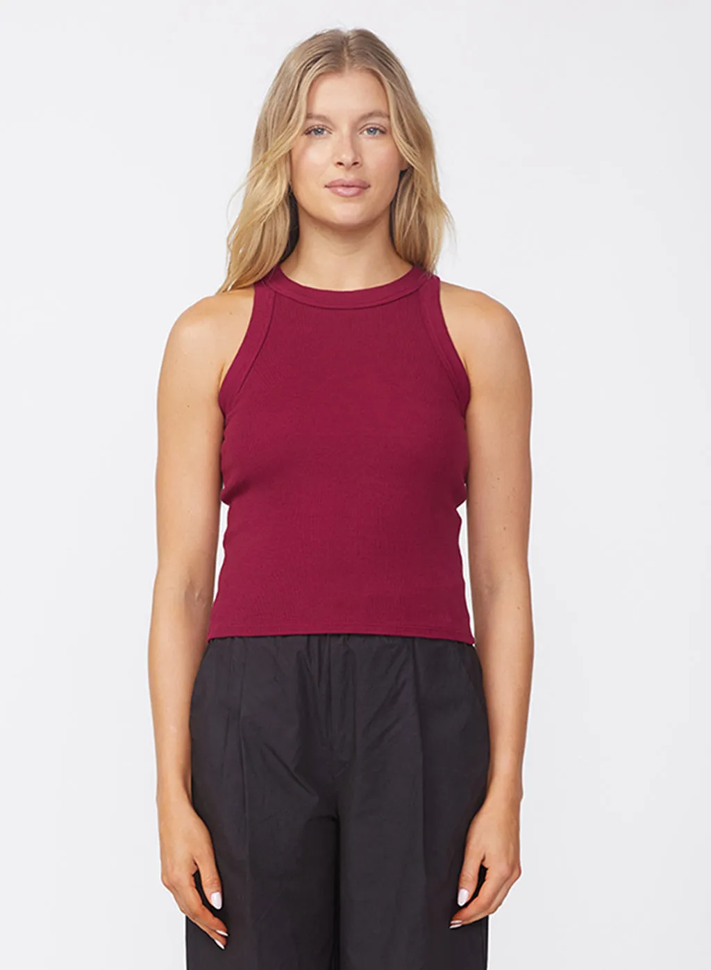 Luxe 2x1 Rib 90's Tank & Linen Wide Leg Trouser Set in Bordeaux sold by Stateside product image thumbnail 5