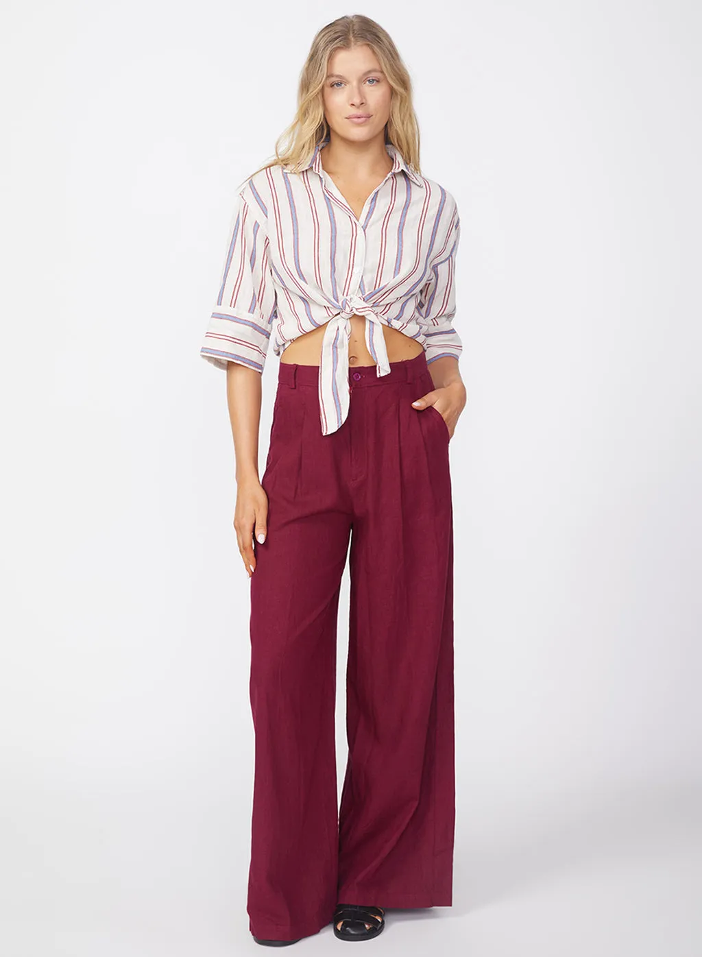 Luxe 2x1 Rib 90's Tank & Linen Wide Leg Trouser Set in Bordeaux sold by Stateside product image thumbnail 2
