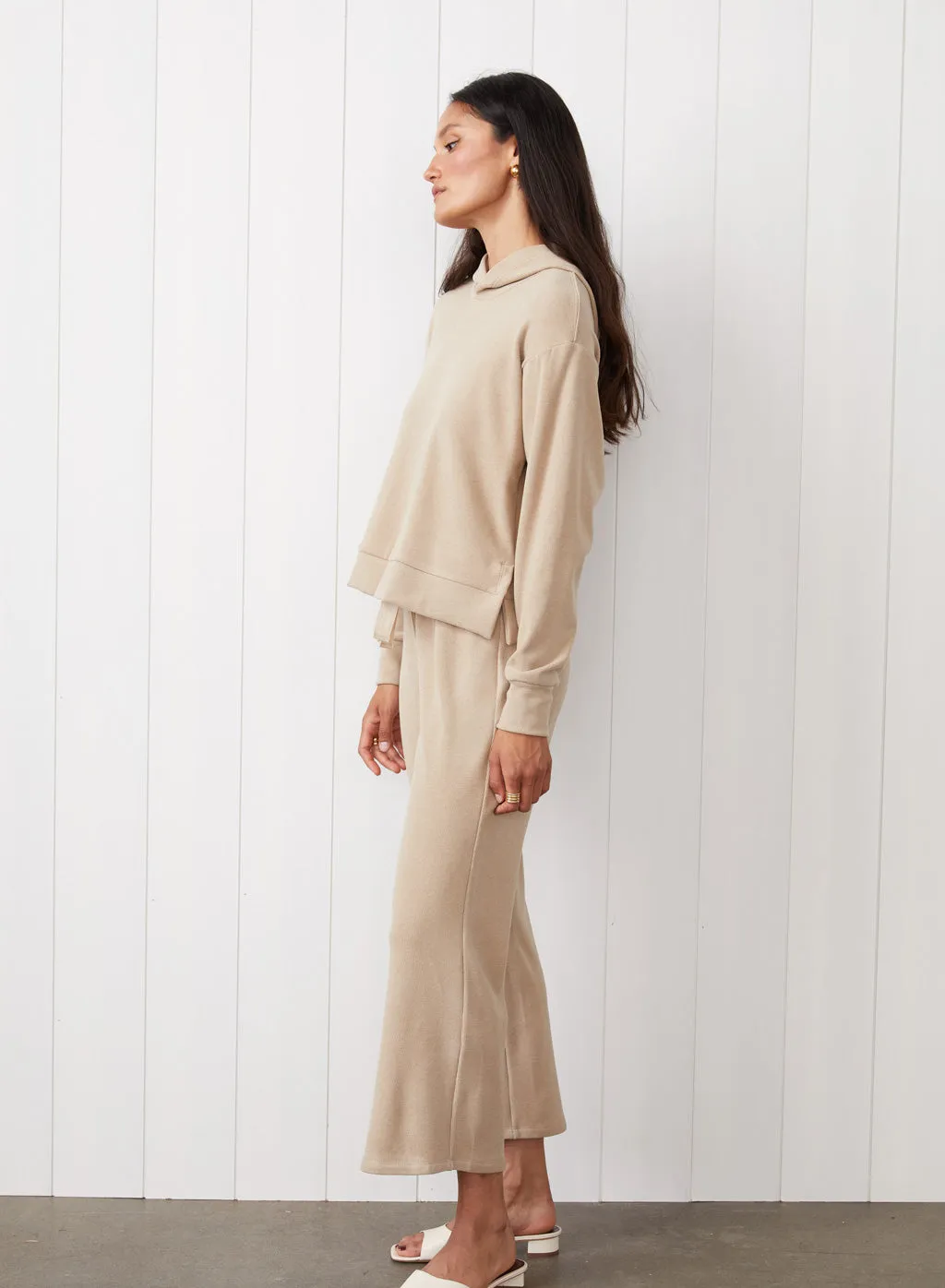 Honeyluxe Hoodie With Side Slits & Drawstring Cropped Flare Pant Set in Taupe sold by Stateside product image thumbnail 5