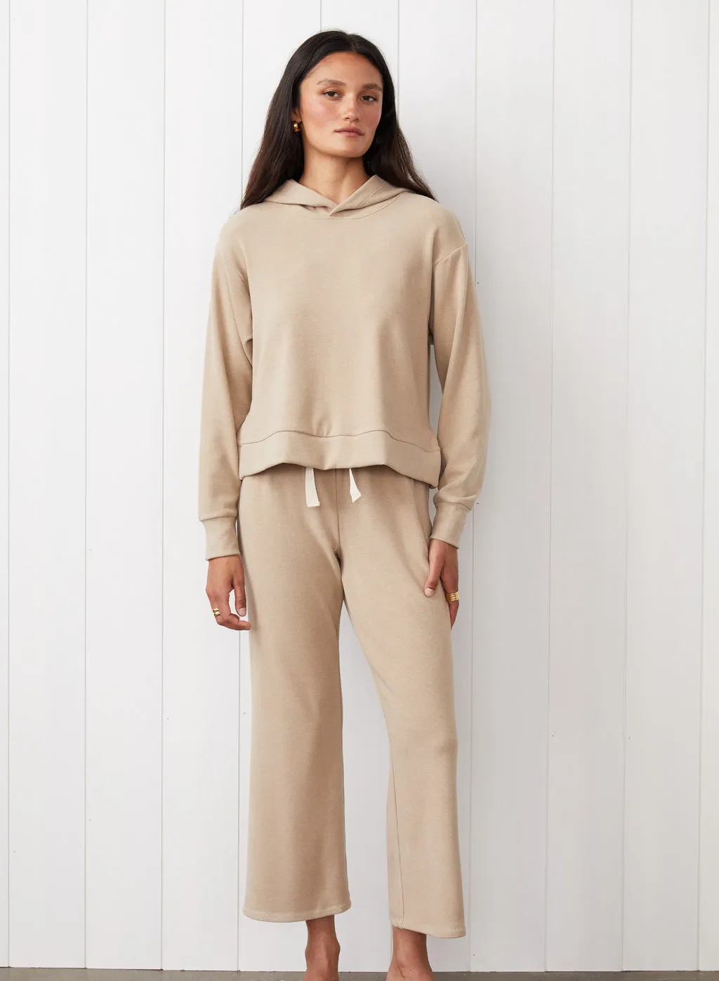 Honeyluxe Hoodie With Side Slits & Drawstring Cropped Flare Pant Set in Taupe sold by Stateside product image thumbnail 2
