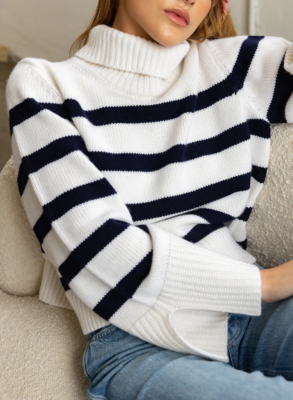 Cozy Cashmere Blend Stripe Turtleneck Sweater in Navy Stripe sold by Stateside product image thumbnail 2