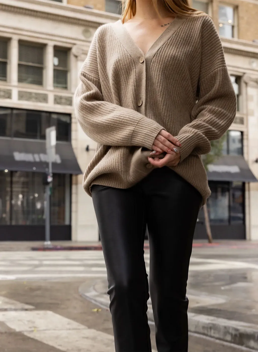 Ribbed Cashmere Oversized Cardigan Sweater in Camel sold by Stateside