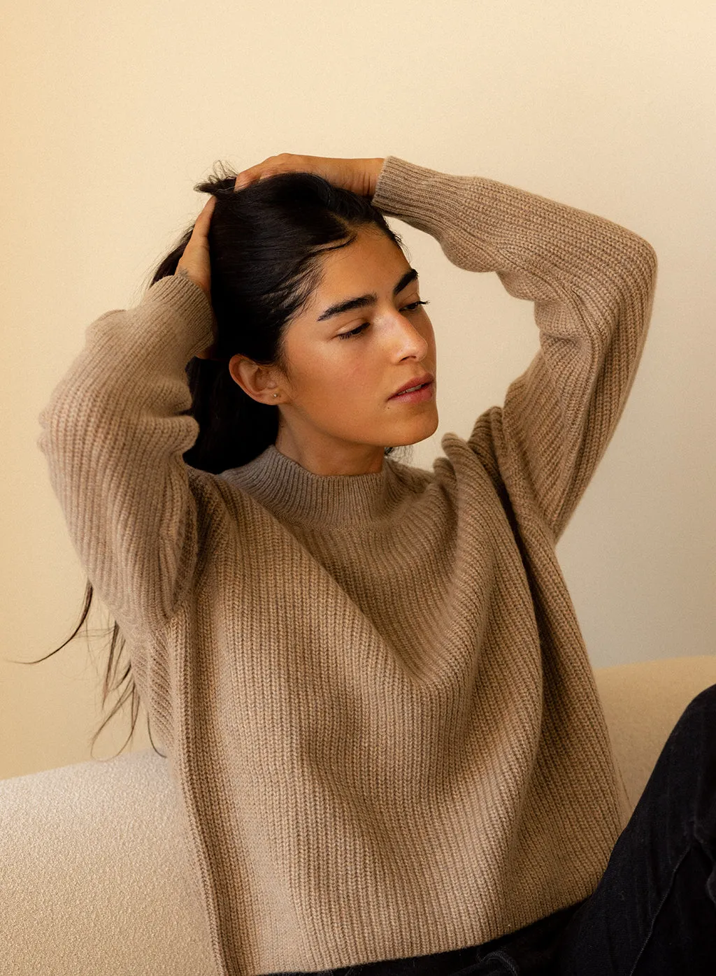 Ribbed Cashmere Tall Collar Sweater in Camel sold by Stateside product image thumbnail 2