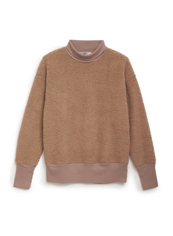 Double Faced Sherpa Long Sleeve Mock Neck Top in Mocha sold by Stateside