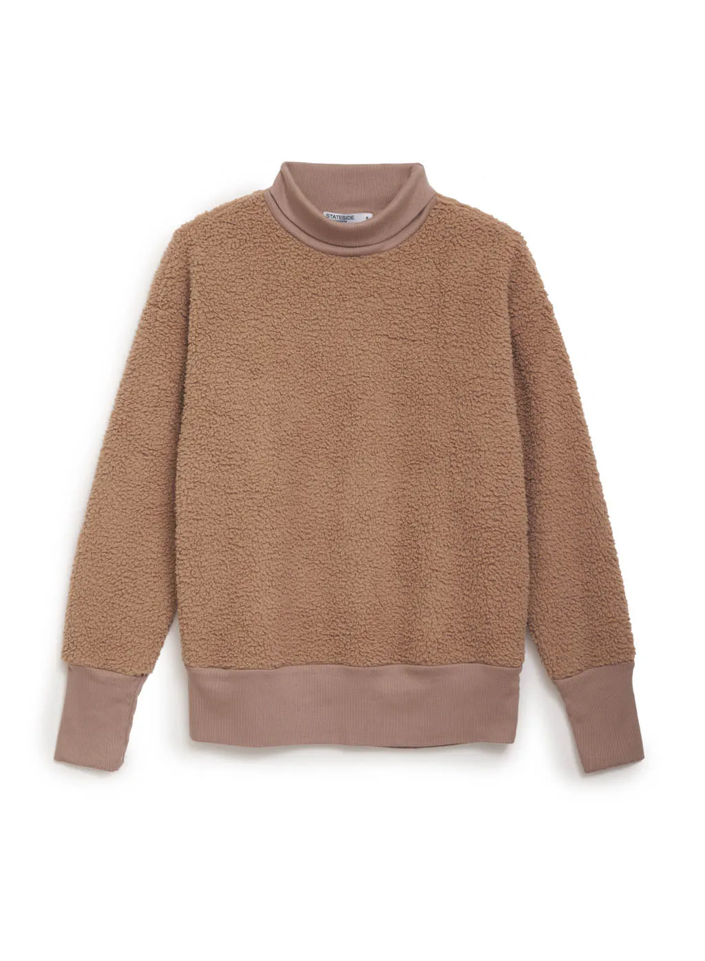 Double Faced Sherpa Long Sleeve Mock Neck Top in Mocha sold by Stateside
