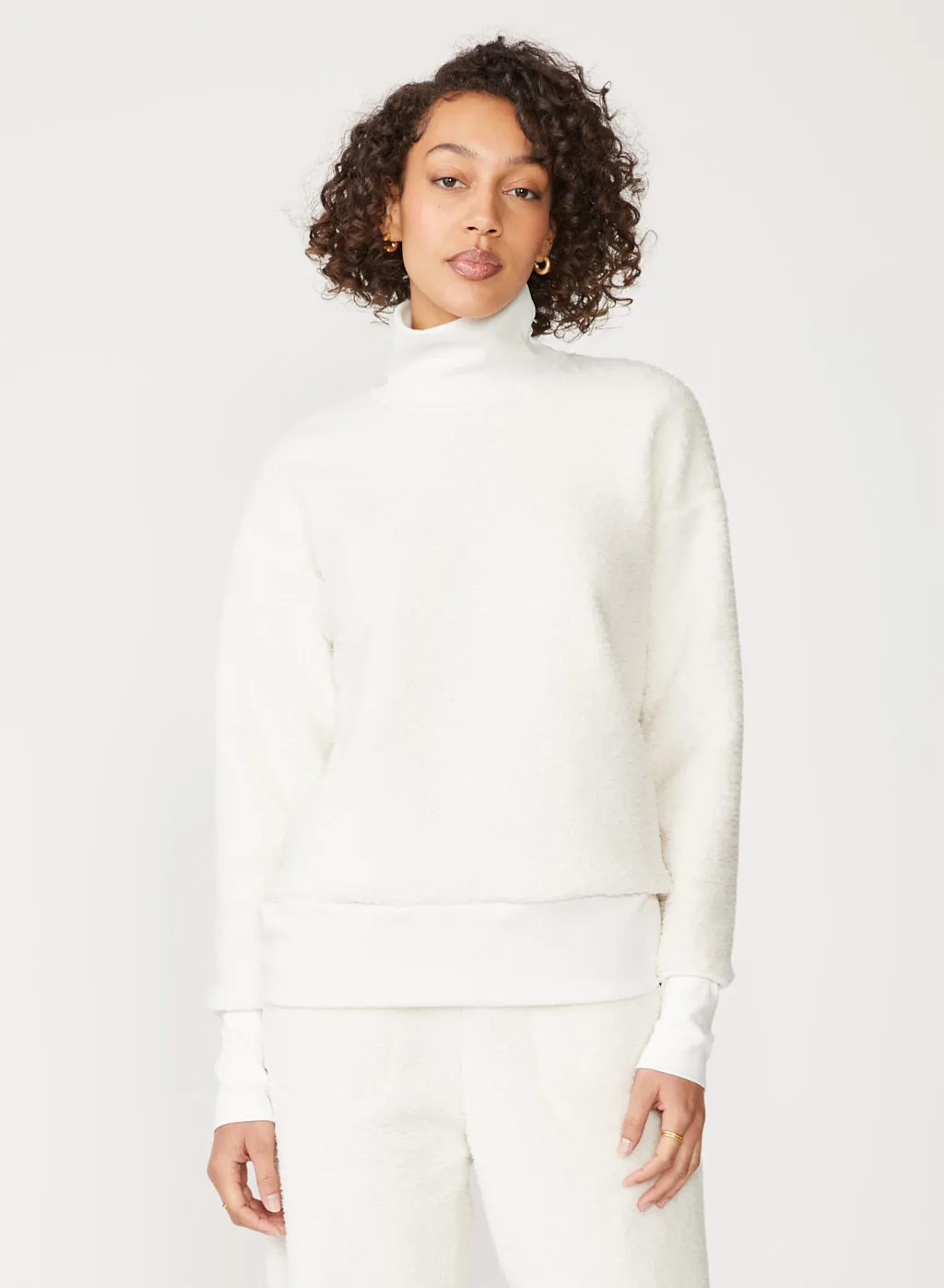 Double Faced Sherpa Long Sleeve Mock Neck Top in Cream sold by Stateside
