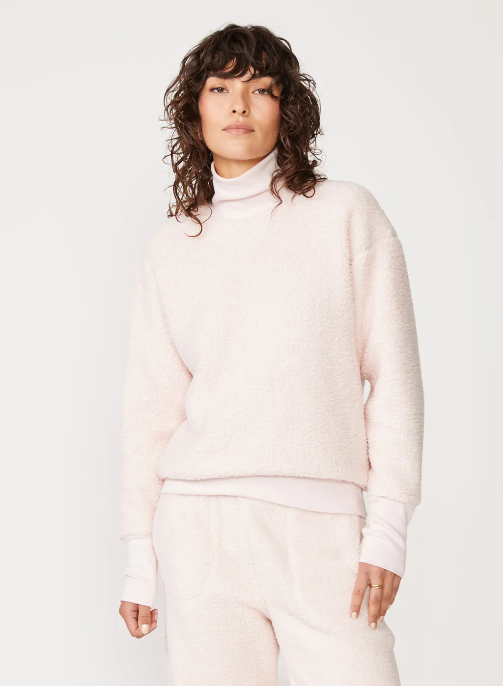 Double Faced Sherpa Long Sleeve Mock Neck Top in Chalk Pink sold by Stateside product image thumbnail 2