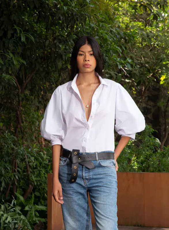 Structured Poplin Puff Sleeve Shirt in White made by Stateside