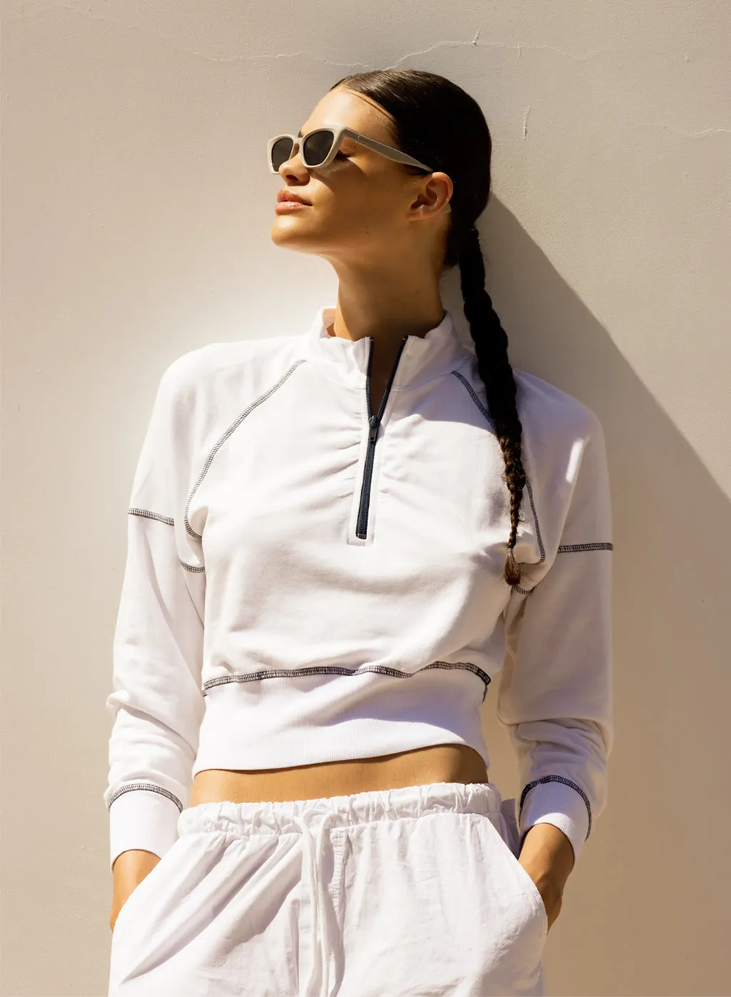 Softest Fleece Cropped Half-Zip Pullover with Contrast in White sold by Stateside