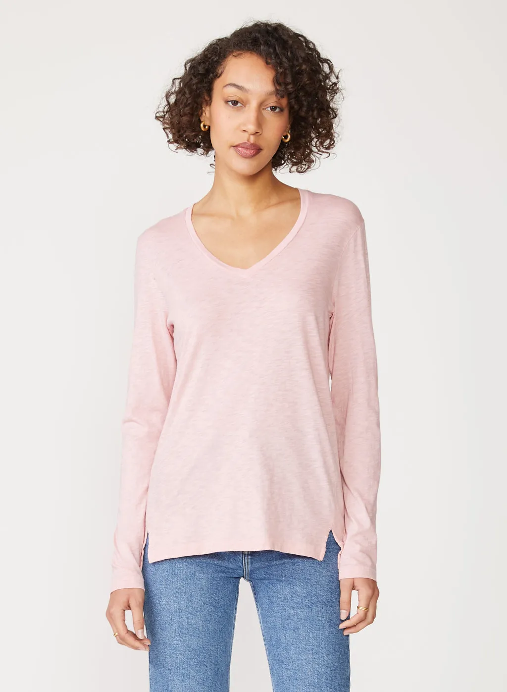 Supima Slub Jersey Long Sleeve V-Neck in Chalk Pink sold by Stateside
