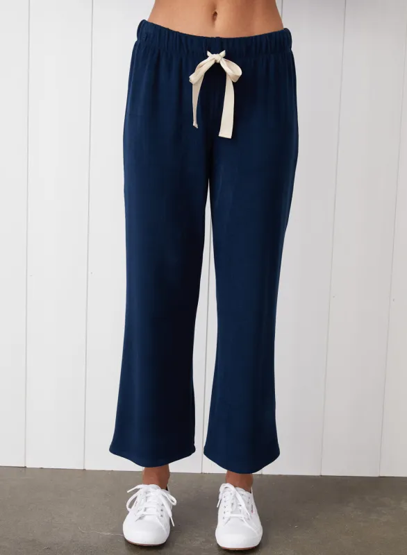 Honeyluxe Drawstring Cropped Flare Pant in New Navy made by Stateside