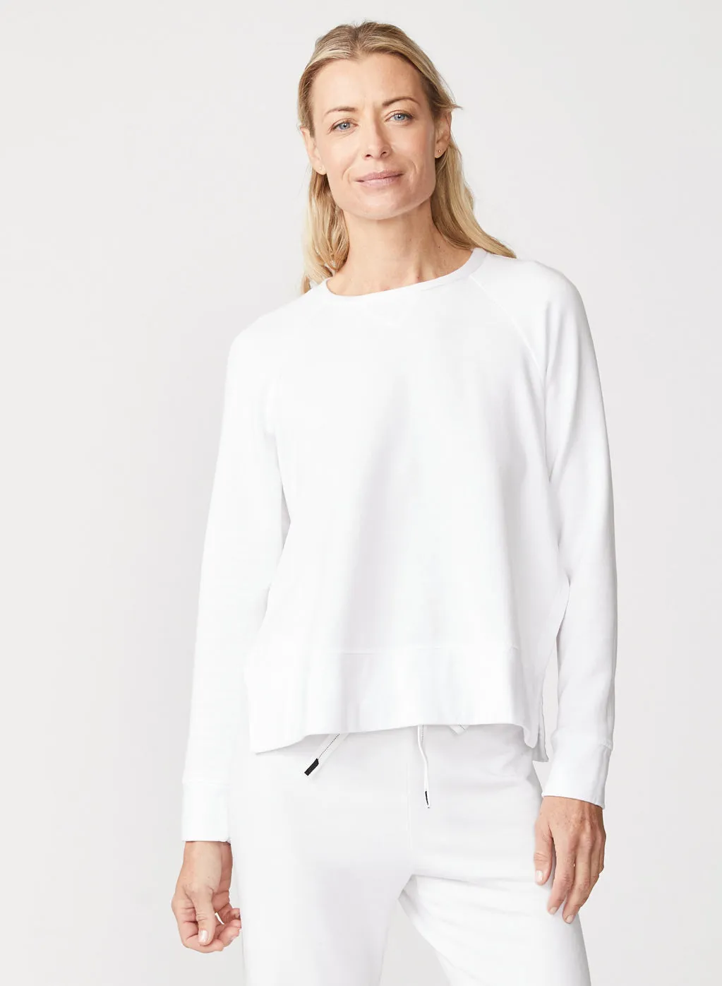 Softest Fleece Raglan Side Slit Sweatshirt in White sold by Stateside