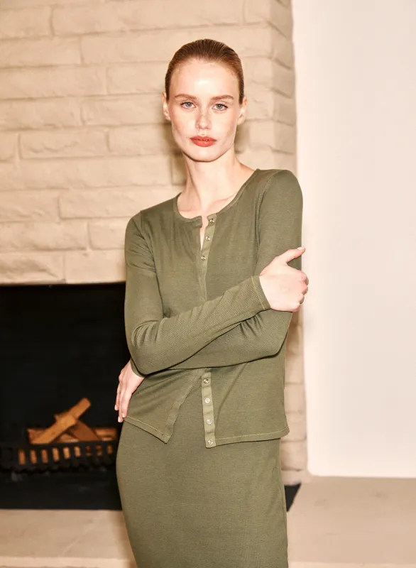 2X1 Rib Long Sleeve Snap Front Cardigan & Slip Dress Set in Seaweed sold by Stateside