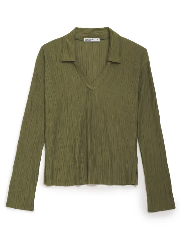 Knit Plisse Long Sleeve Polo in Artichoke made by Stateside