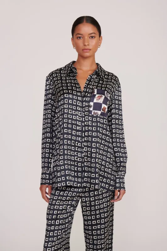 MARTHA TUNIC | NAVY GEOSCAPE DOG CHECK sold by STAUD