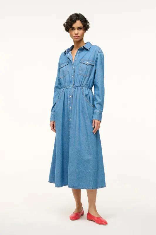 STAUD + WRANGLER THE MIDI SHIRT DRESS | MID BLUE sold by STAUD