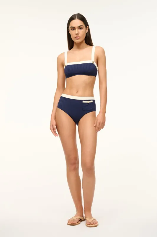 DEVON HIGH RISE BIKINI BOTTOM | NAVY IVORY sold by STAUD