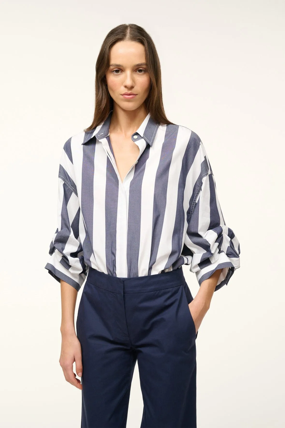 TRAVERSE BODYSUIT | NAVY BRETON STRIPE sold by STAUD