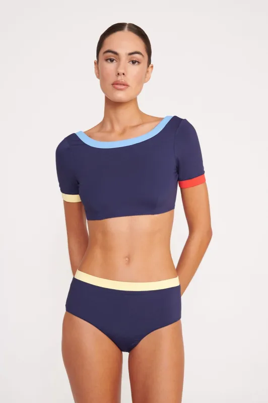 LILY SHORT SLEEVE BIKINI TOP | NAVY COLORBLOCK sold by STAUD