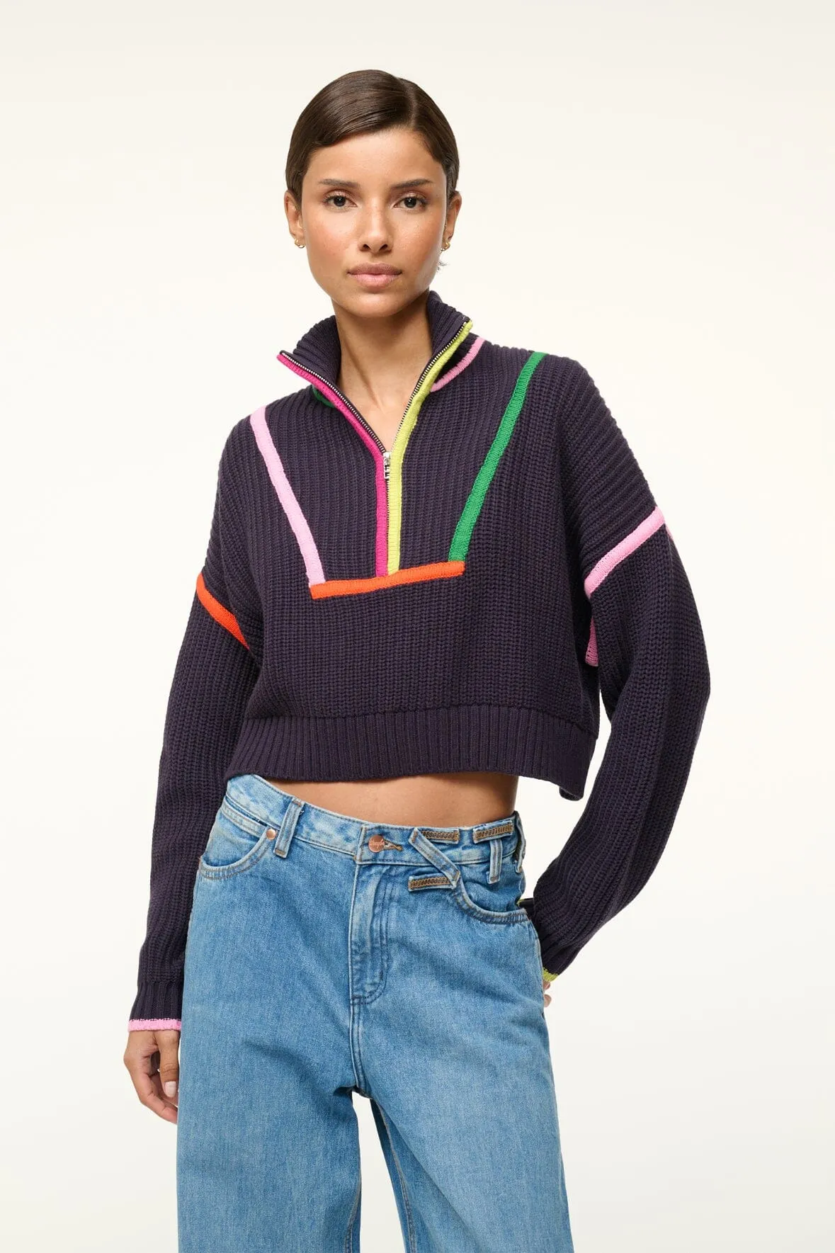 CROPPED HAMPTON SWEATER | NAVY MULTI sold by STAUD