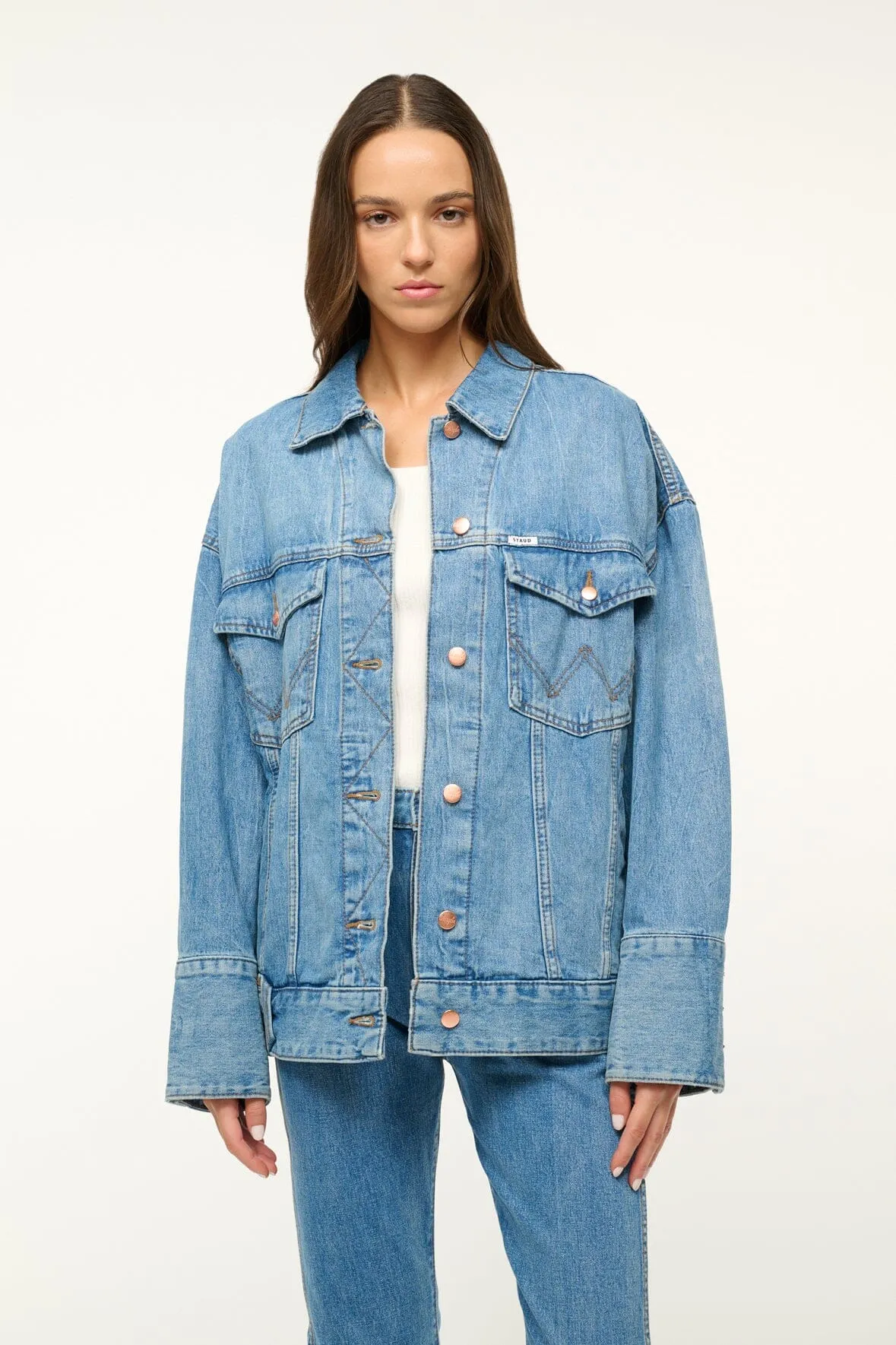 STAUD + WRANGLER THE BIGGEST JEAN JACKET | MID BLUE sold by STAUD