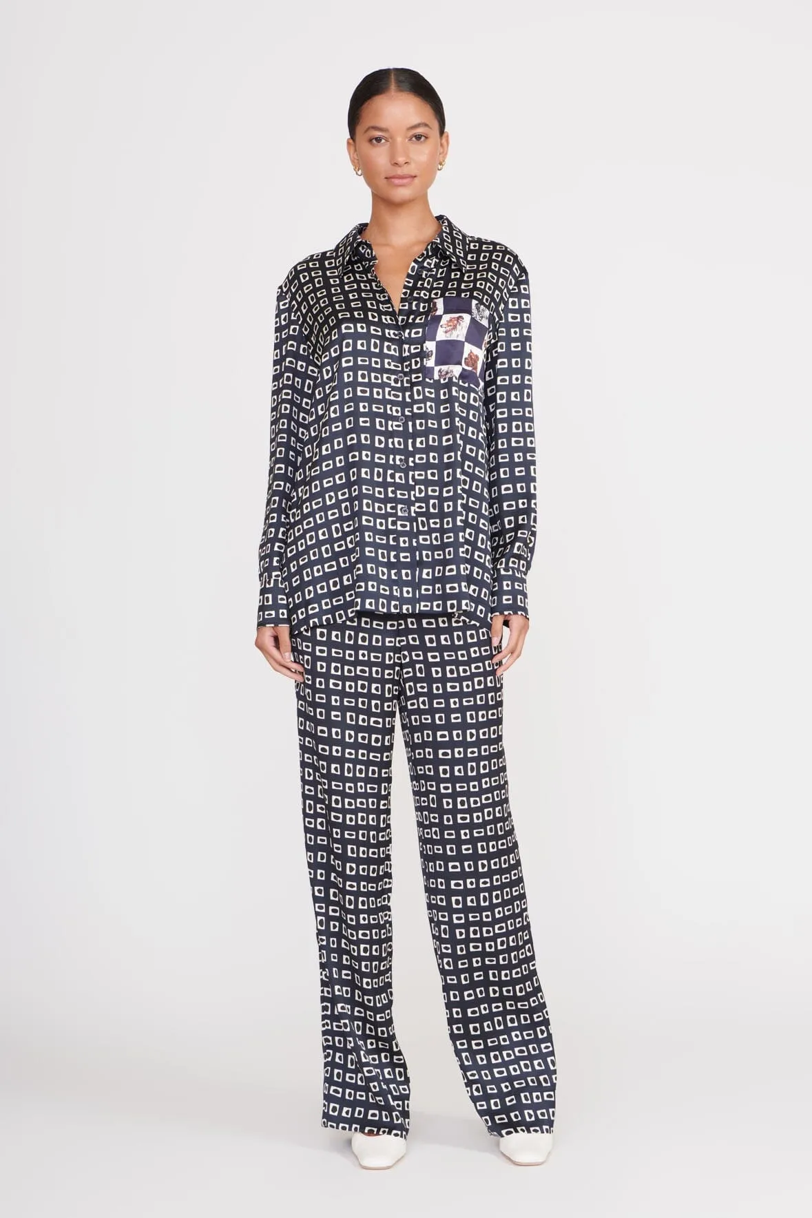 ZACH PANT | NAVY GEOSCAPE sold by STAUD