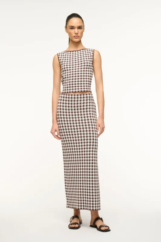 KARINA SKIRT | DARK CHOCOLATE GINGHAM sold by STAUD