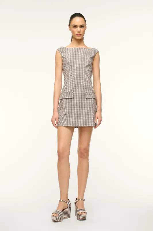 WALKER DRESS | DARK CHOCOLATE MICRO CHECK sold by STAUD