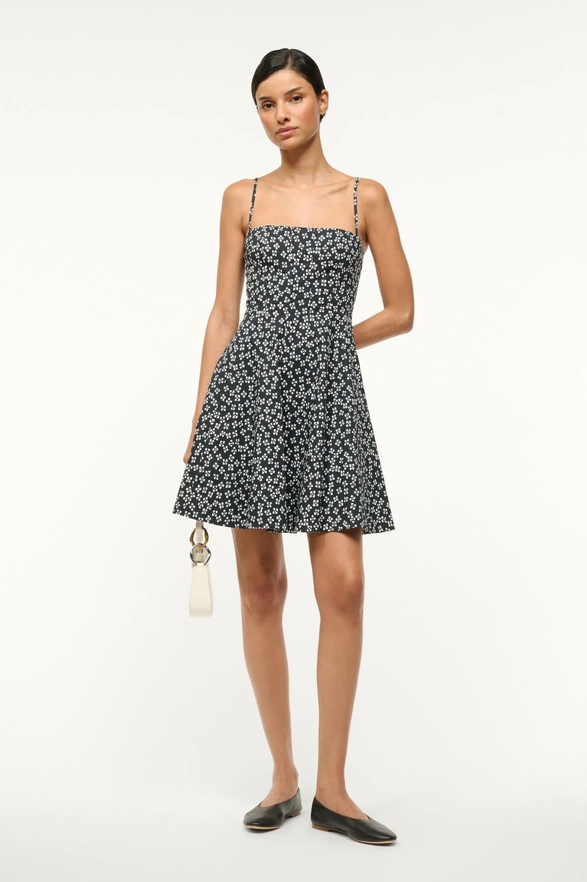 WYLIE MINI DRESS | BLACK WOODBLOCK FLORAL sold by STAUD