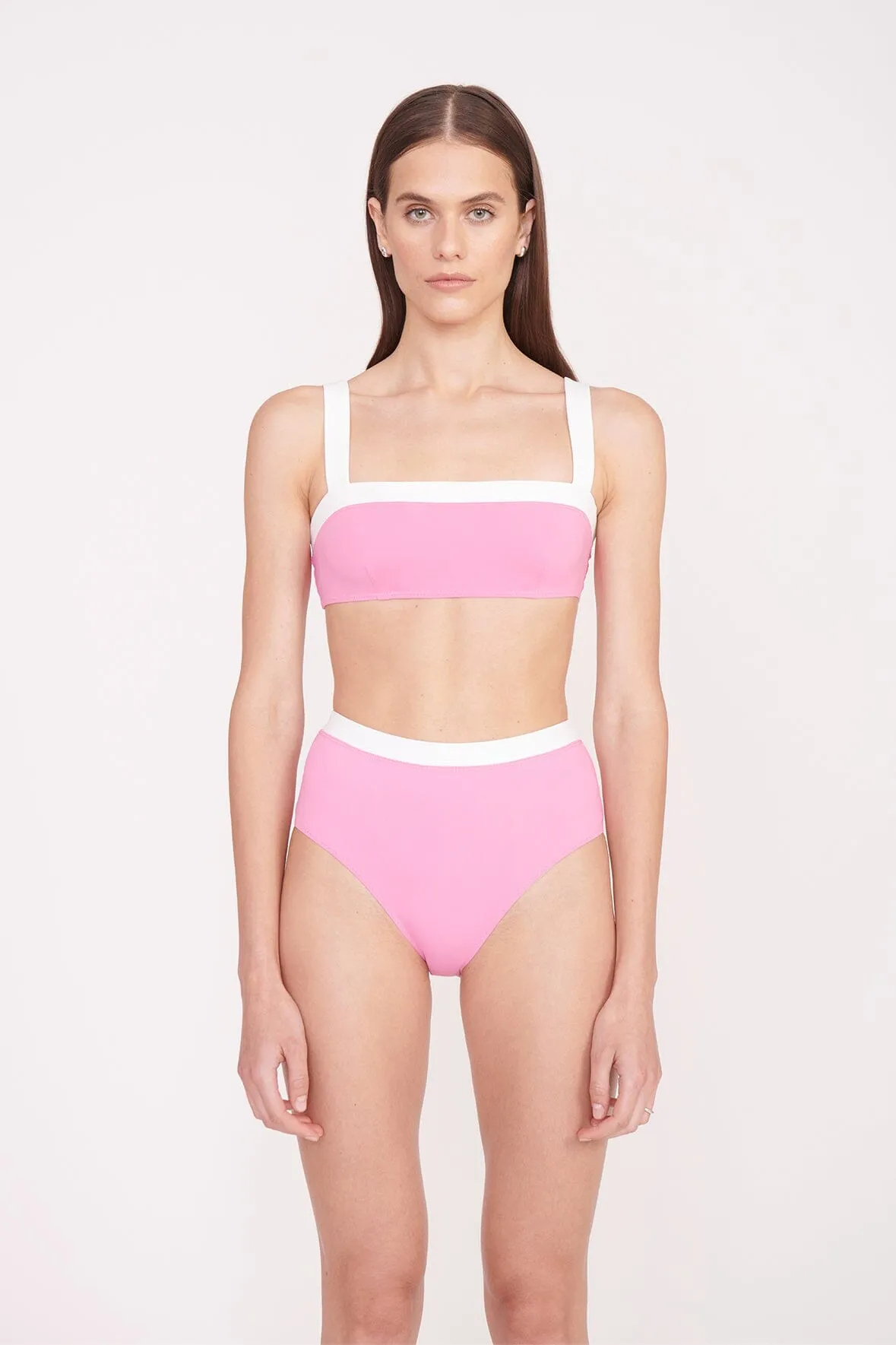 DEVON HIGH RISE BIKINI BOTTOM | CORAL PINK WHITE sold by STAUD