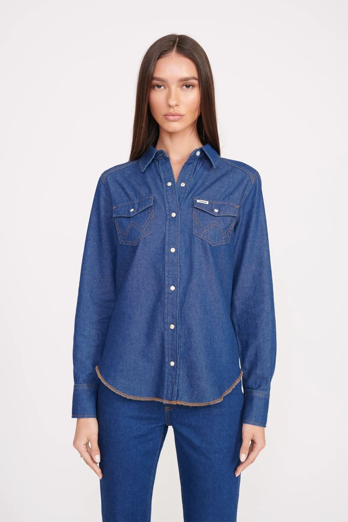 STAUD + WRANGLER THE WESTERN SHIRT | DARK RINSE sold by STAUD