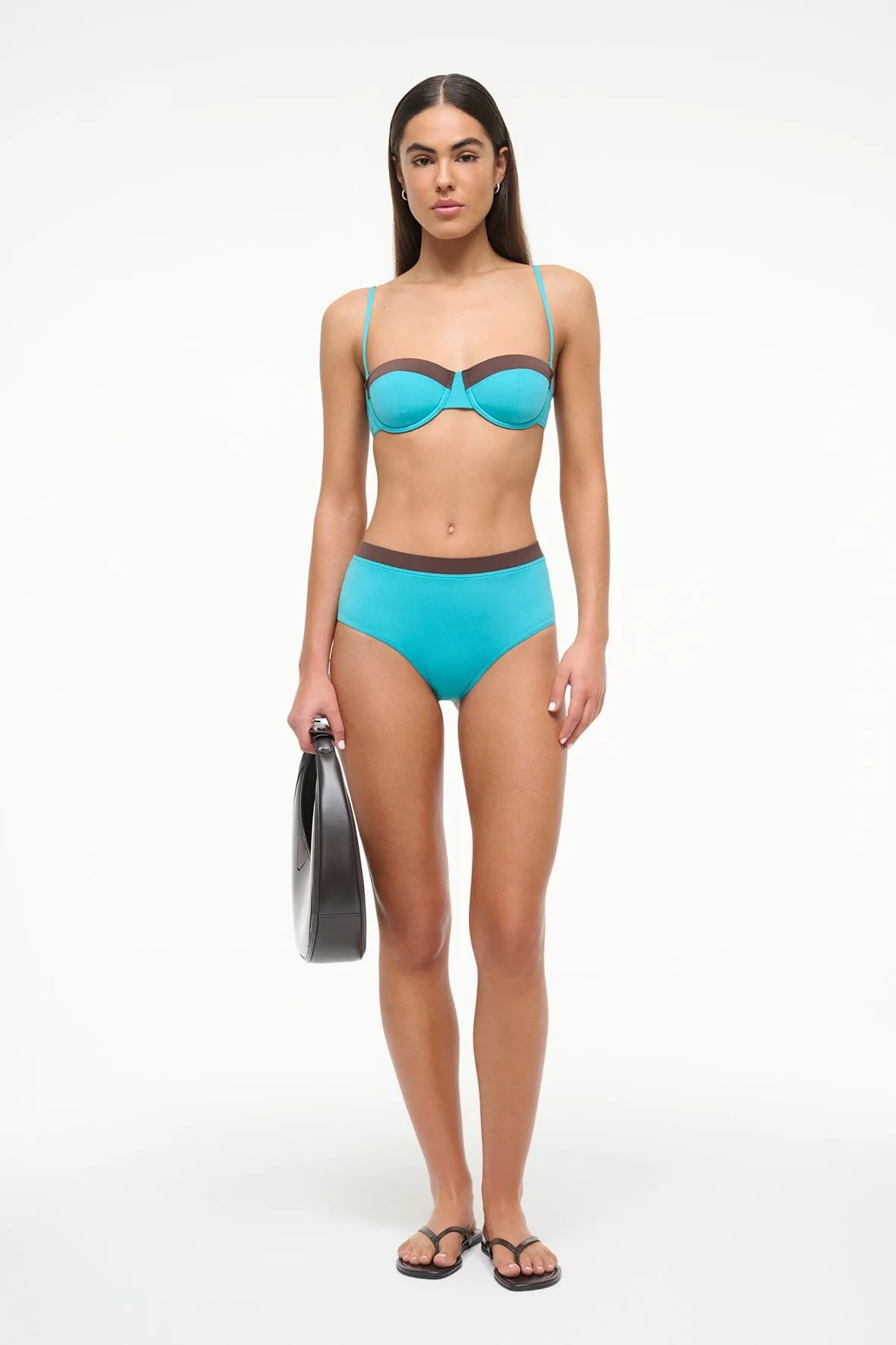 DEVON HIGH RISE BIKINI BOTTOM | TEAL DARK CHOCOLATE sold by STAUD