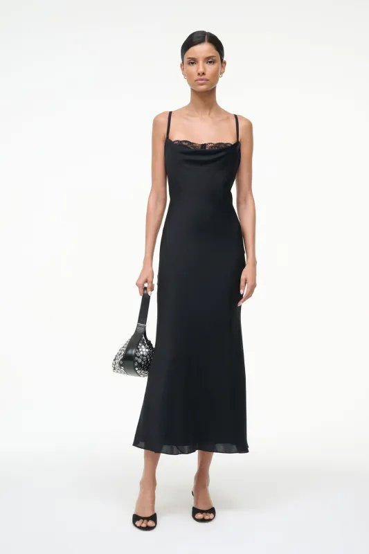 EVANGELINE SILK MIDI DRESS | BLACK sold by STAUD
