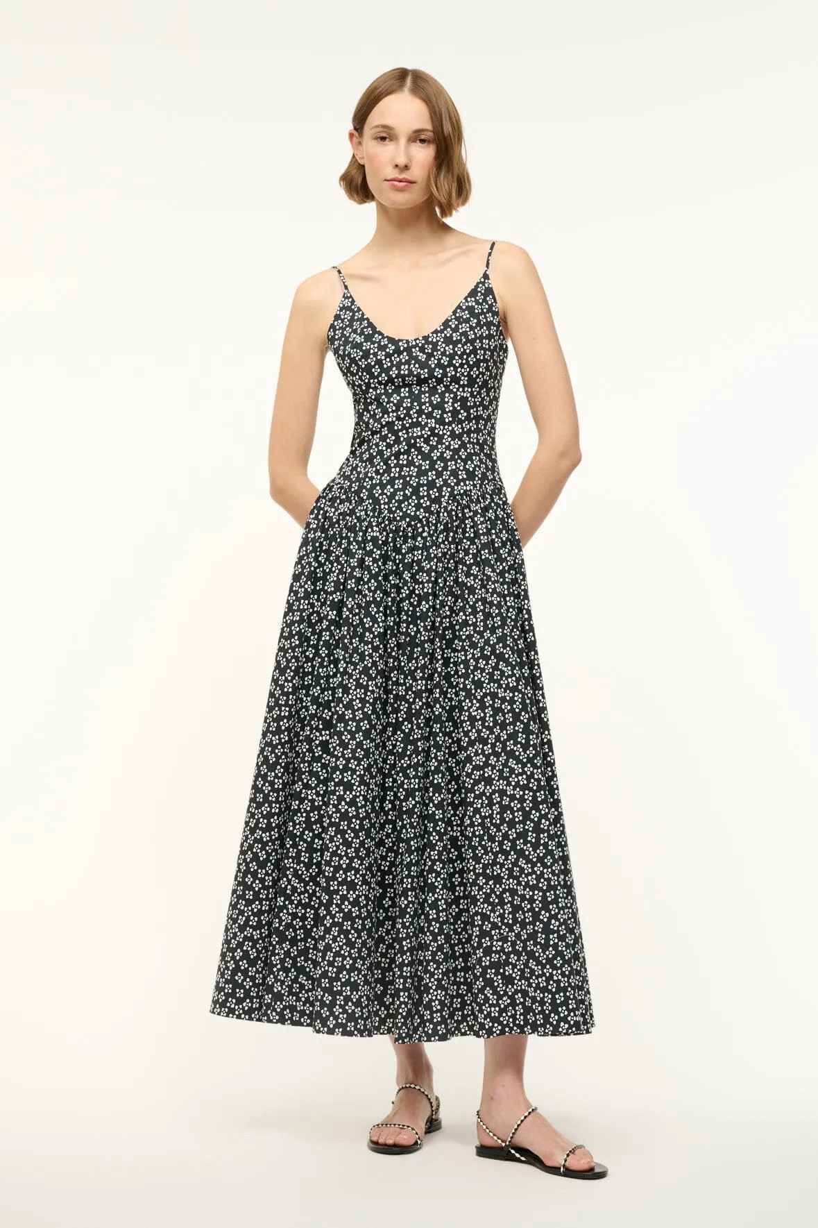 DENA DRESS | BLACK WOODBLOCK FLORAL sold by STAUD
