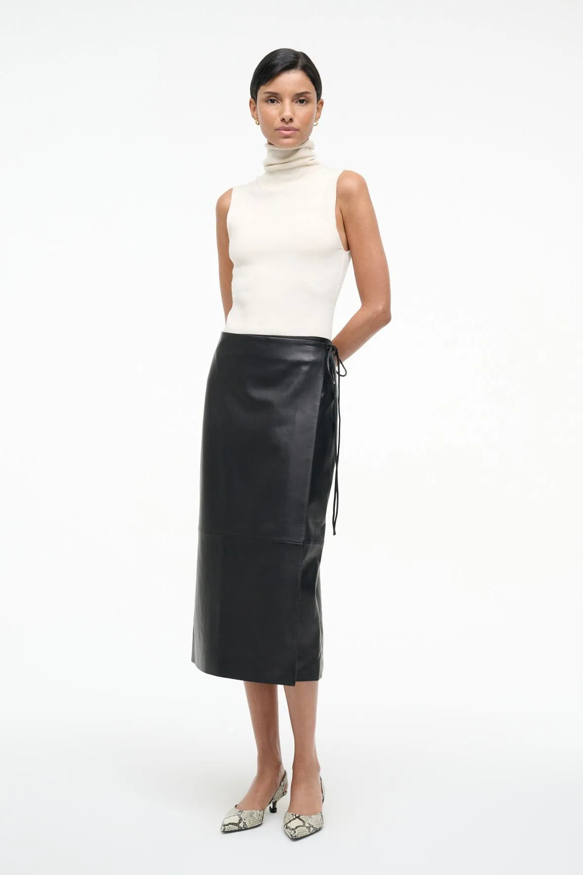 ROMAN LEATHER WRAP SKIRT | BLACK sold by STAUD product image thumbnail 3