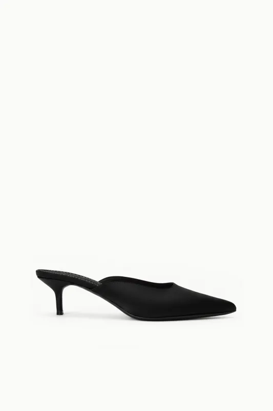 SEBASTIAN KITTEN HEEL MULE | BLACK SATIN sold by STAUD