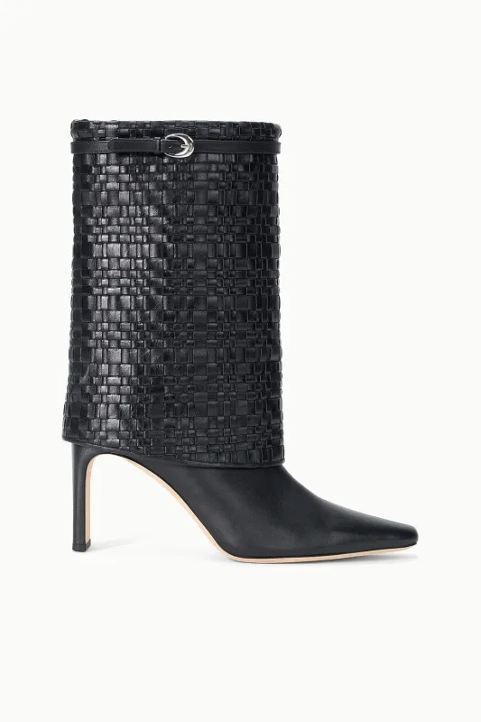 WALLY FOLDOVER MID CALF BOOT | BLACK WOVEN sold by STAUD