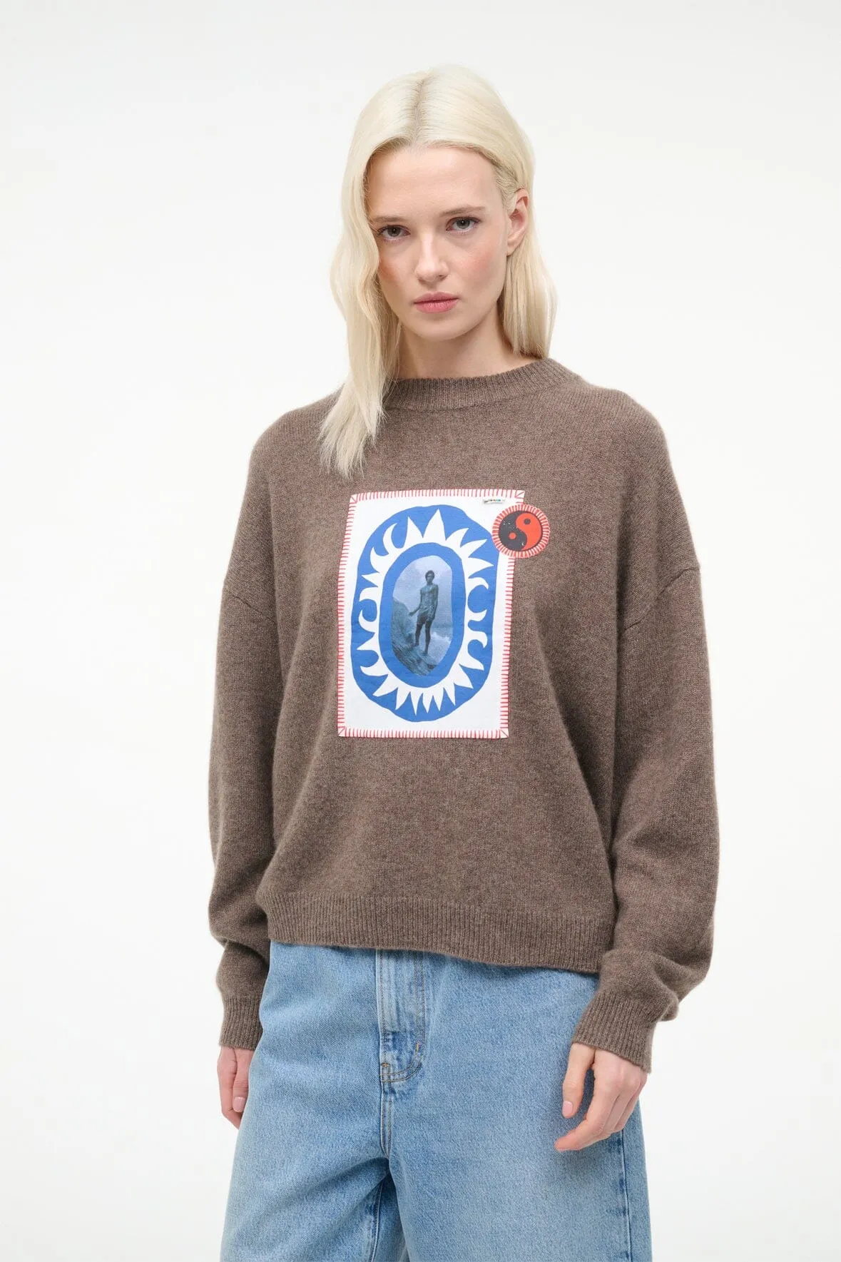 SERRANO CASHMERE RELAXED CREW | TRUFFLE PATCHWORK sold by STAUD