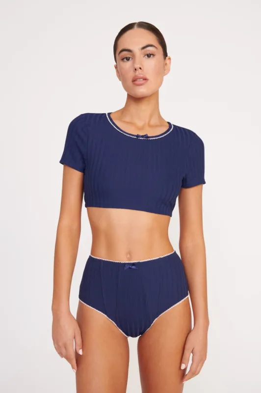 BRENTON HIGH RISE BIKINI BOTTOM | NAVY WHITE sold by STAUD