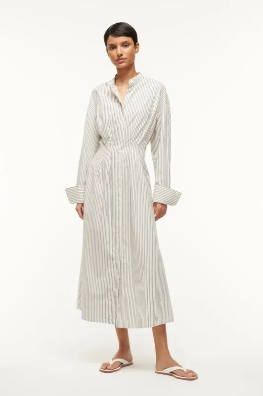 MIDI LORENZA DRESS | IVORY MICRO STRIPE sold by STAUD