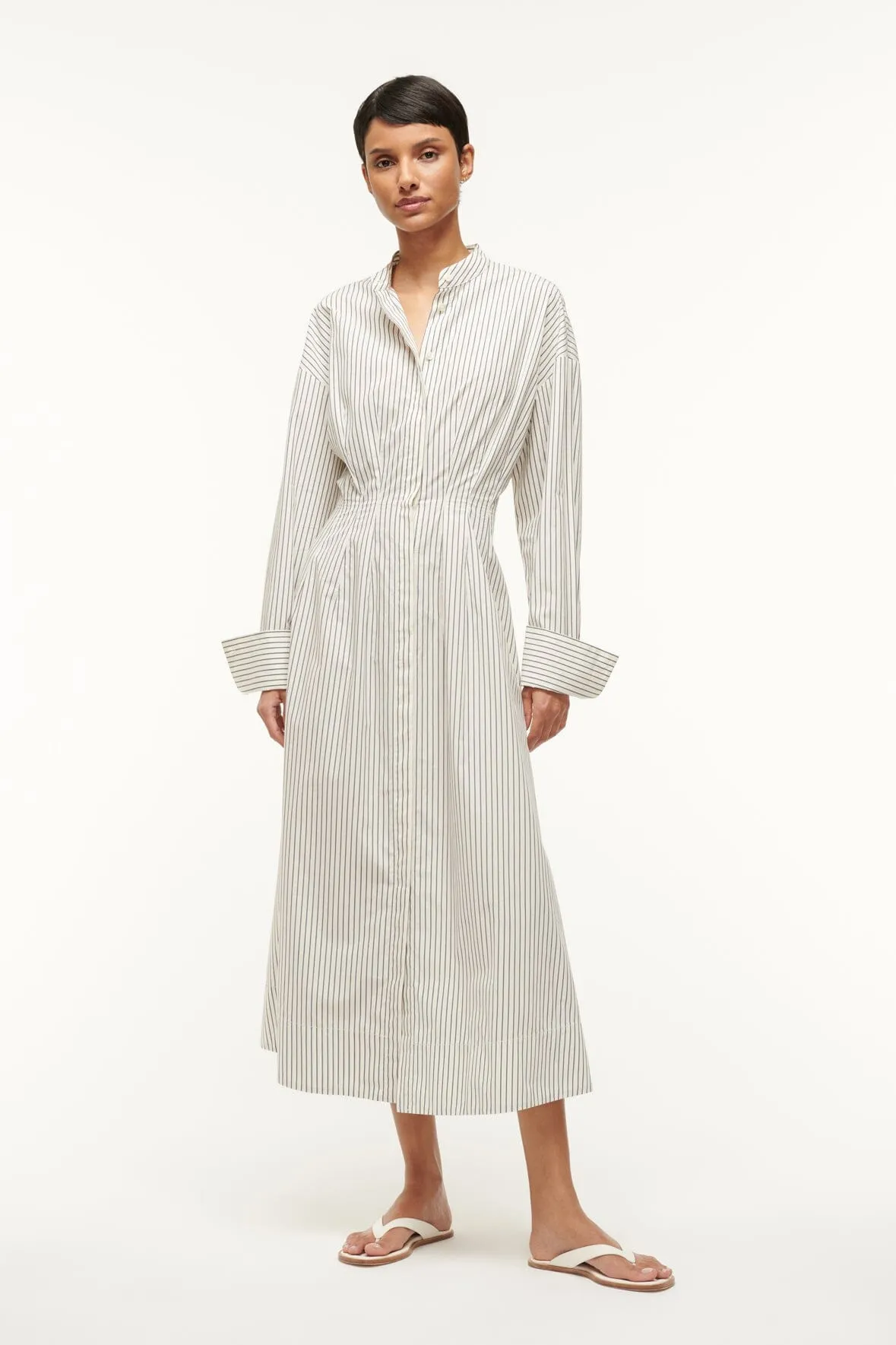 MIDI LORENZA DRESS | IVORY MICRO STRIPE sold by STAUD