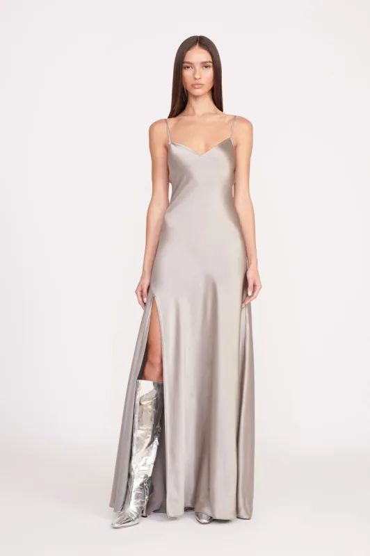 ALEXA DRESS | SILVER SATIN sold by STAUD