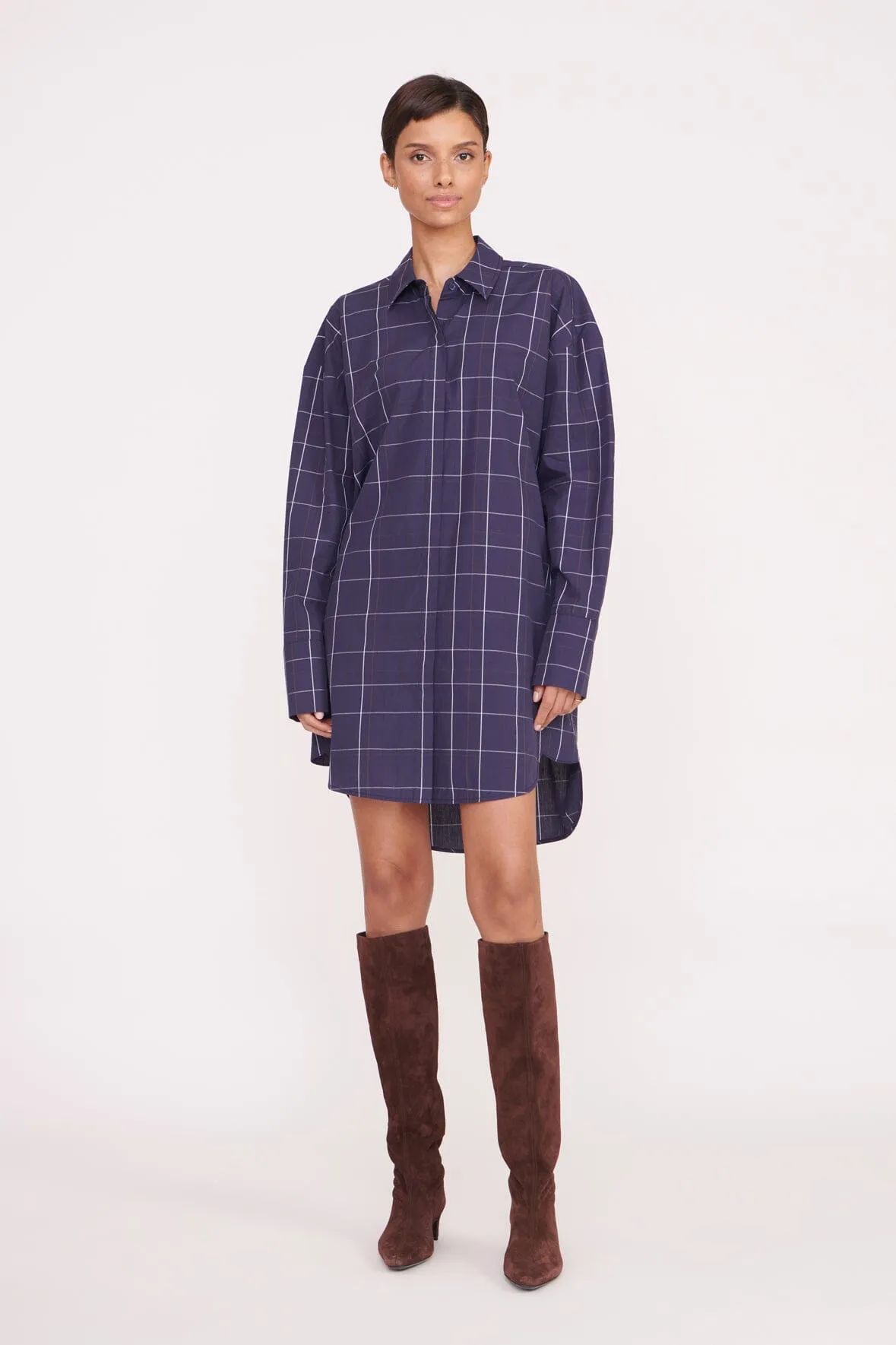 COLTON DRESS | NAVY PLAID sold by STAUD