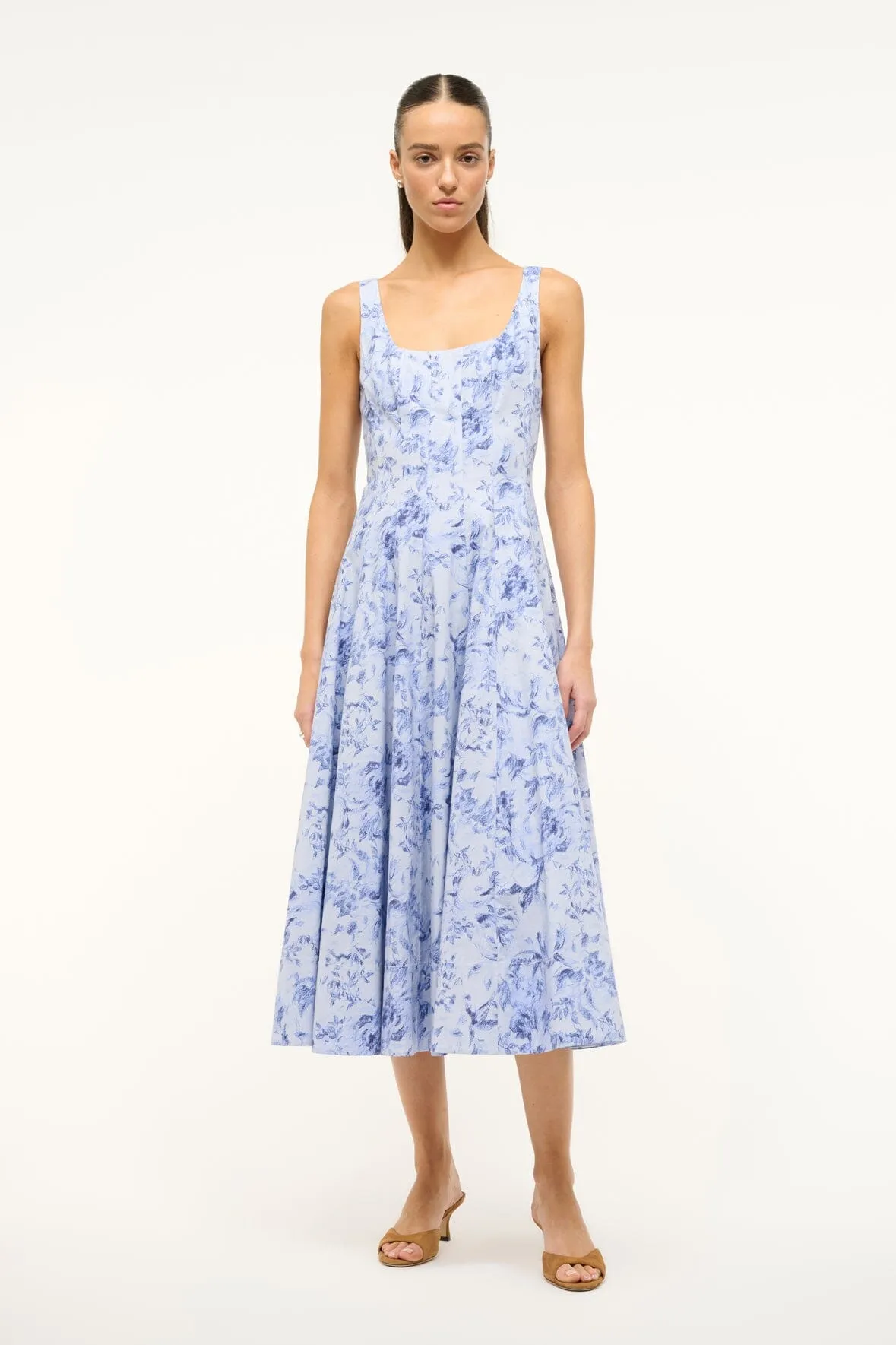 WELLS DRESS | PERIWINKLE SKETCHBOOK FLORAL sold by STAUD