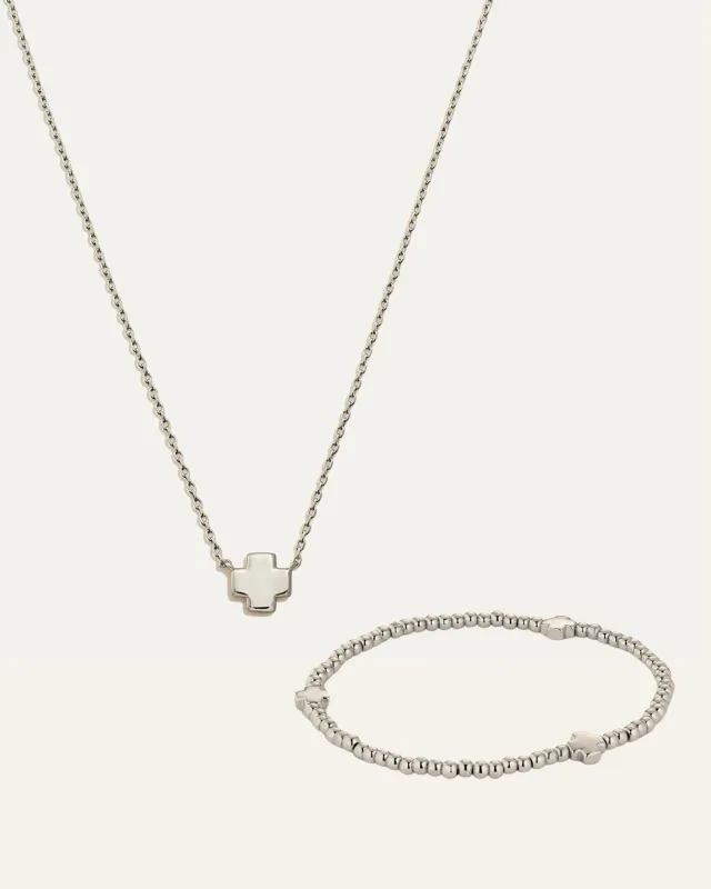 Cross Necklace and Cross Beaded Stretch Bracelet Bundle | Silver sold by Stella & Dot