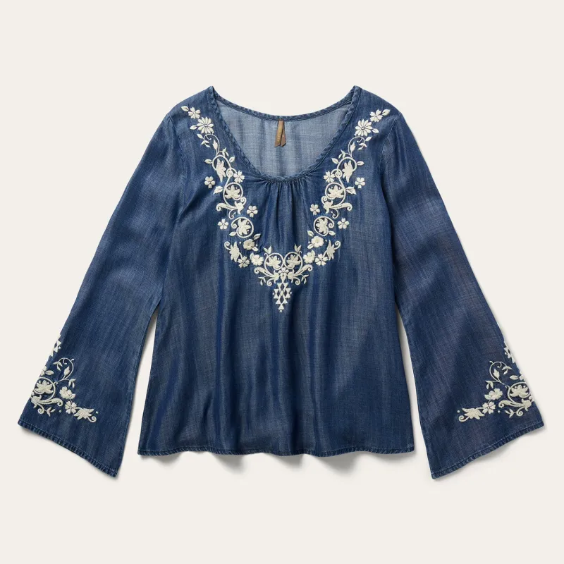 Embroidered Denim Peasant Blouse sold by Stetson