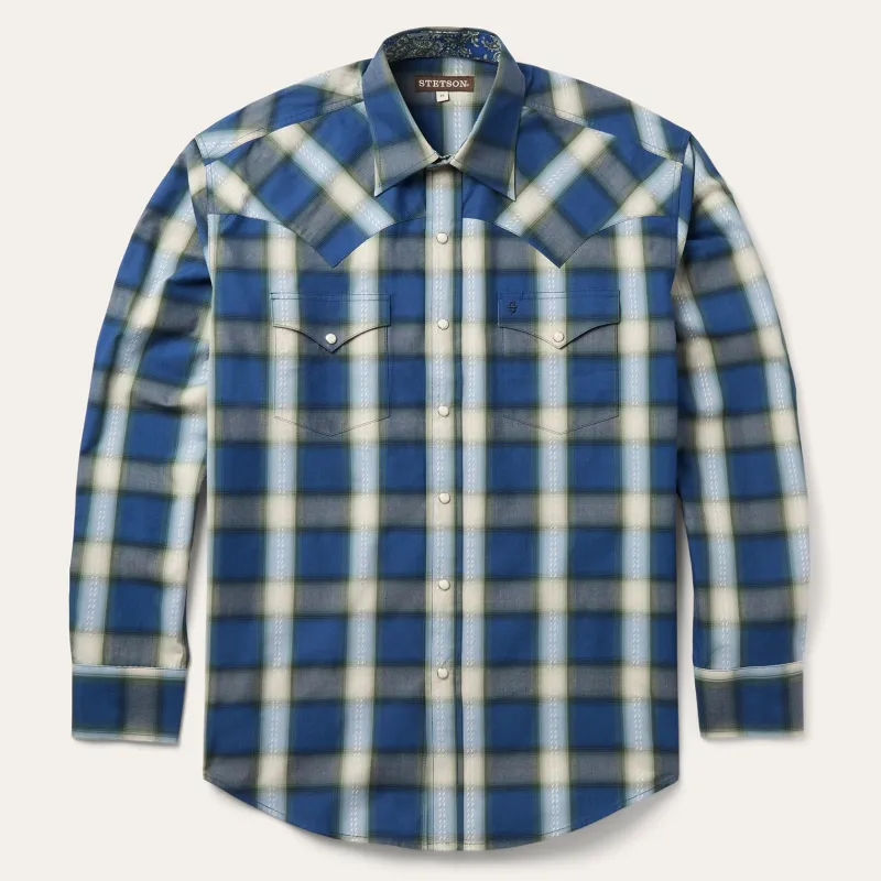 Blue Sage Dobby Plaid Western Shirt sold by Stetson