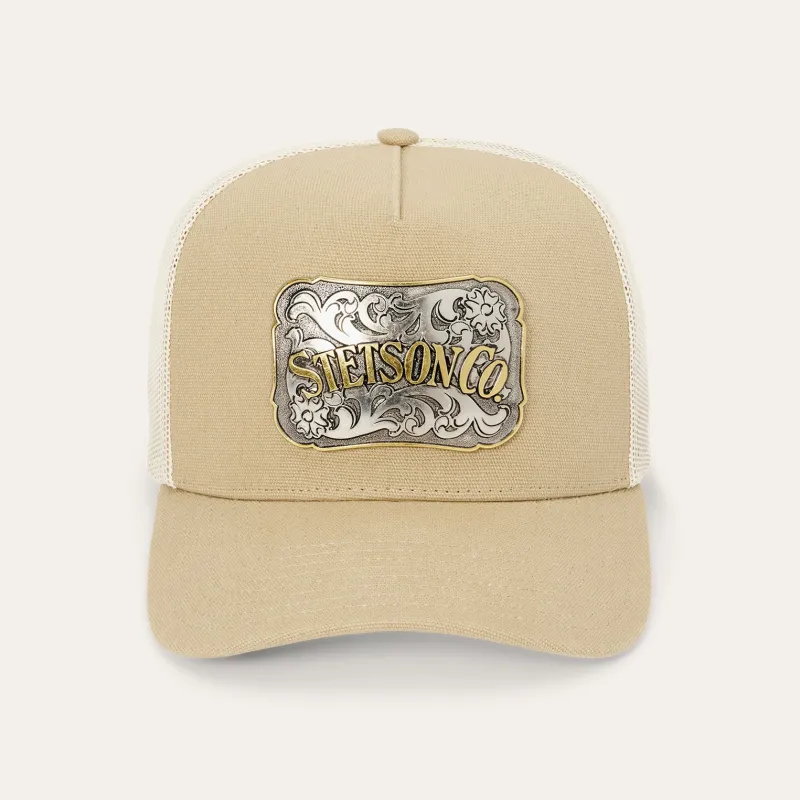 Canvas Plaque Trucker Hat made by Lids