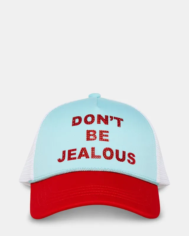 DON'T BE JEALOUS TRUCKER HAT BLUE MULTI sold by Steve Madden