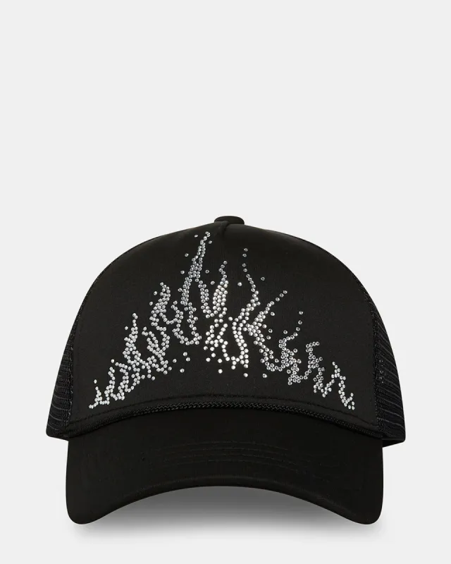 STONE FLAME TRUCKER HAT BLACK sold by Steve Madden